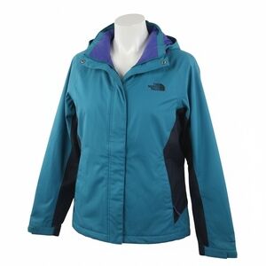 The North Face Teal Ski Jacket with Black Panels and Purple Hood Lining